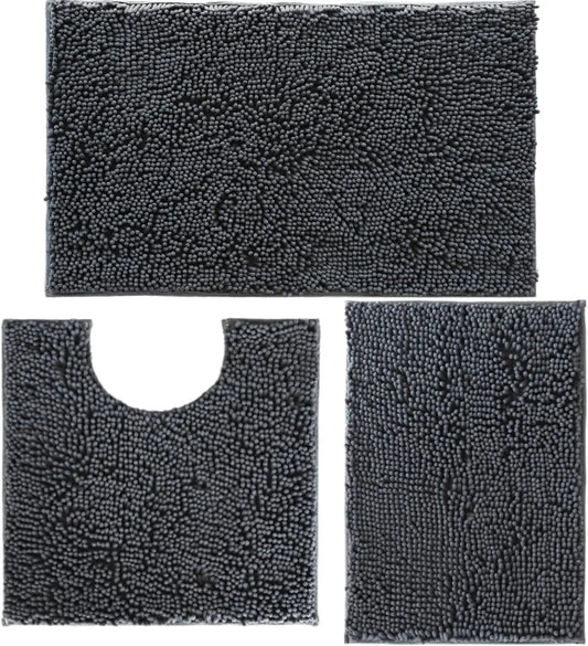 Bathroom Rugs Set Non Slip 3 Piece Bath Mat Washable Chenille Bath Rugs with PVC Backing Bath Carpet,Absorbent Bathroom Mats wit