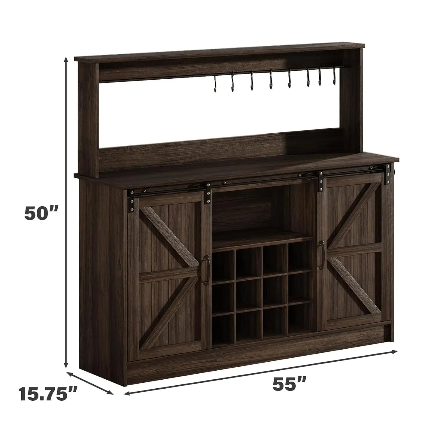 Farmhouse Coffee Bar Cabinet With Eight Hooks Kitchen Hutch Storage