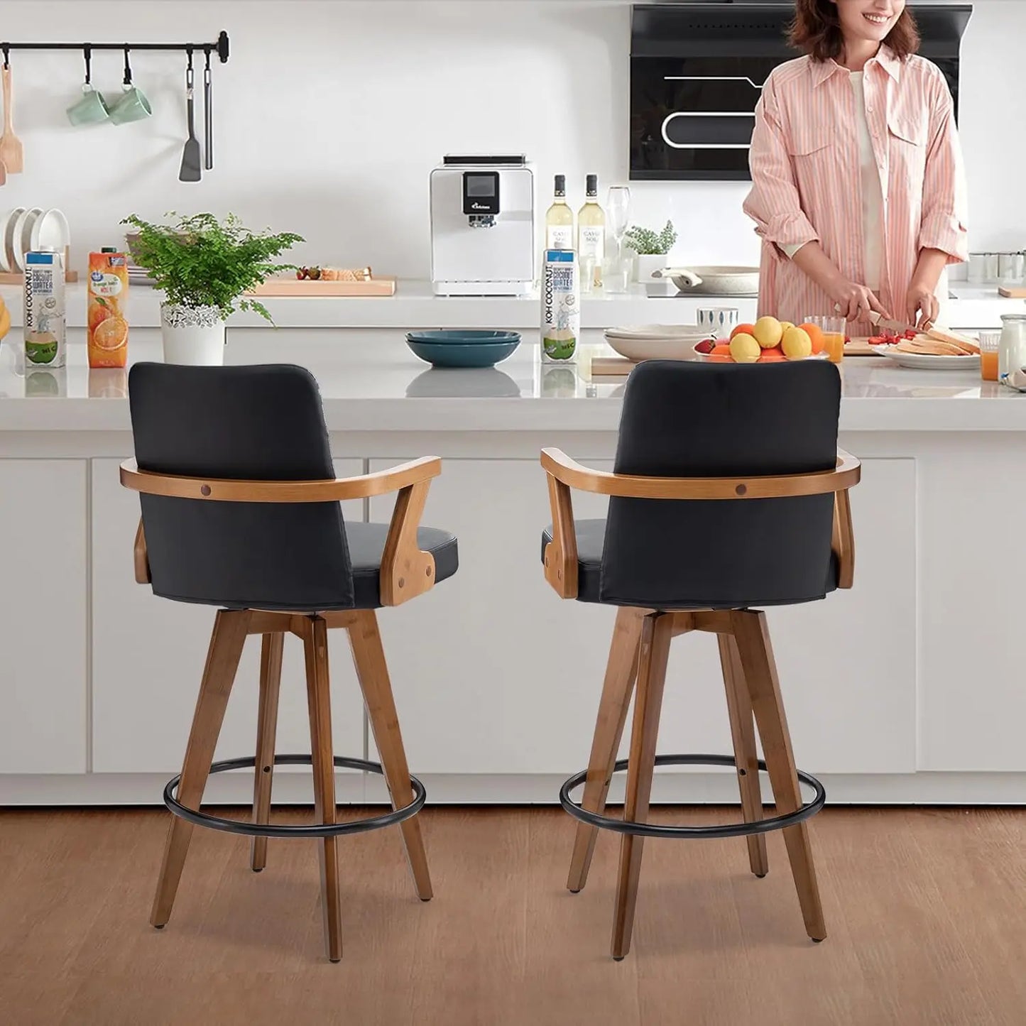 Black Bar Stools Set of 2, Kitchen Bar Stools 30” H,Modern Leather Bar Height Chairs with Back,Kitchen Island, Customized
