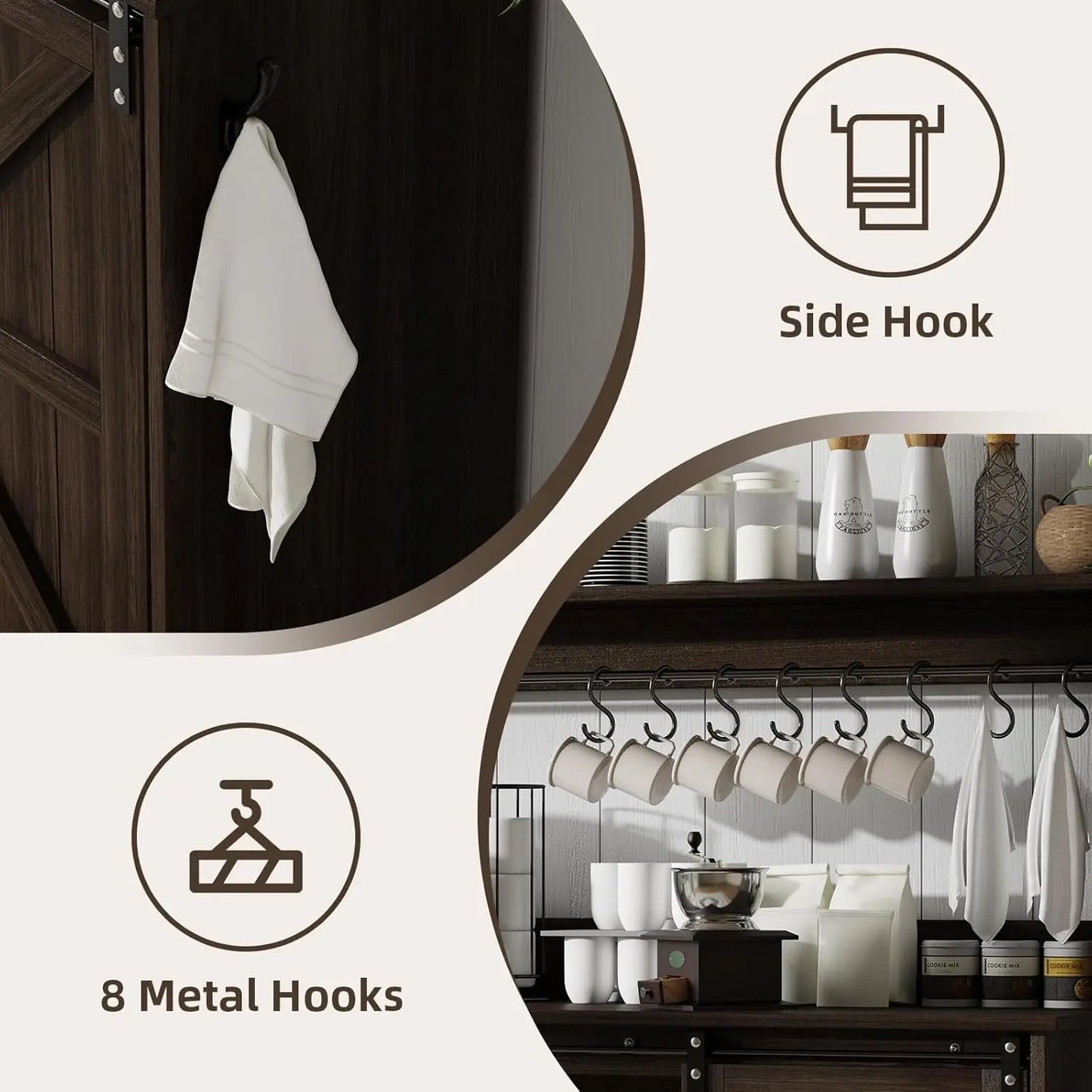 Farmhouse Coffee Bar Cabinet With Eight Hooks Kitchen Hutch Storage
