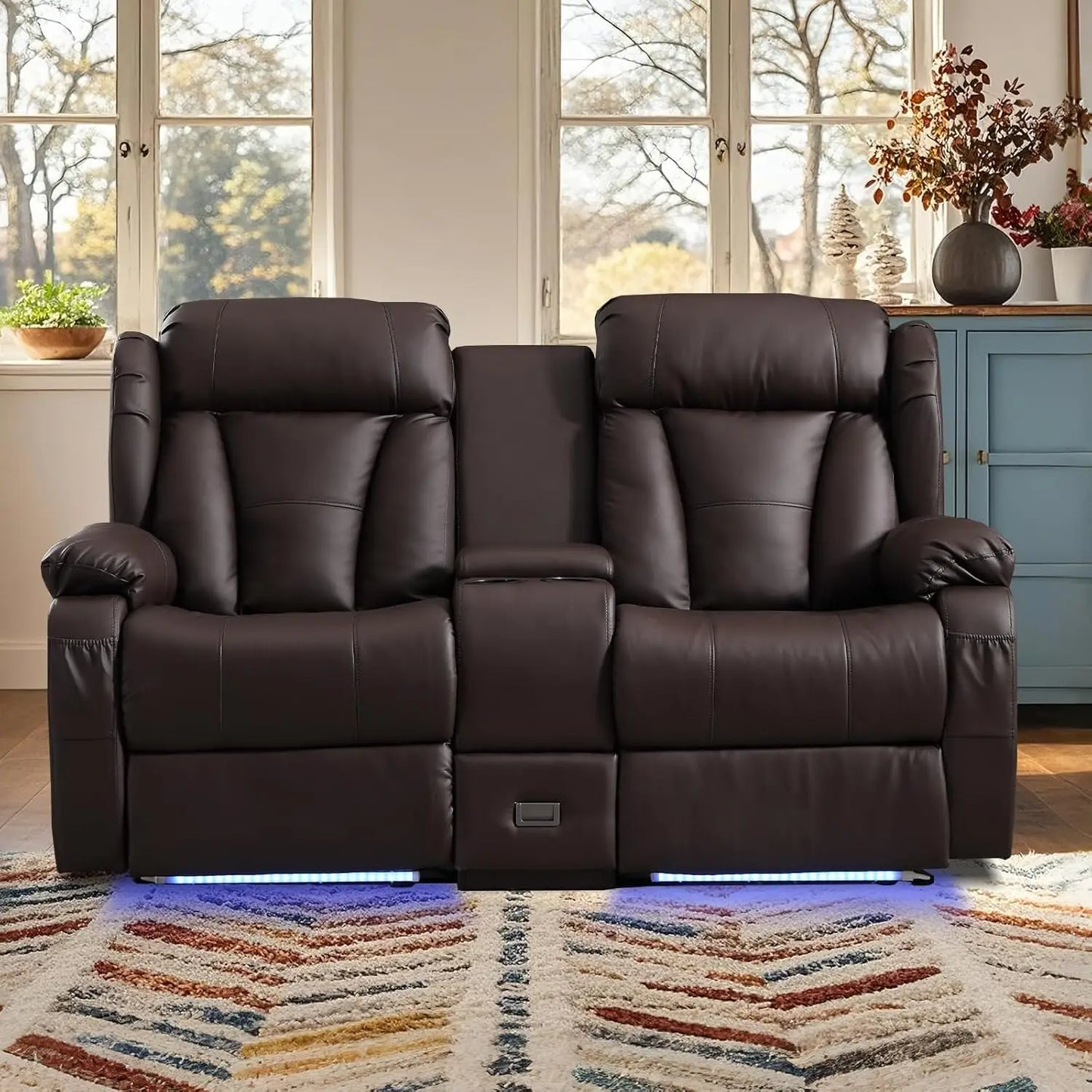 Power Reclining Faux Leather Loveseat With Console And Led Ambient