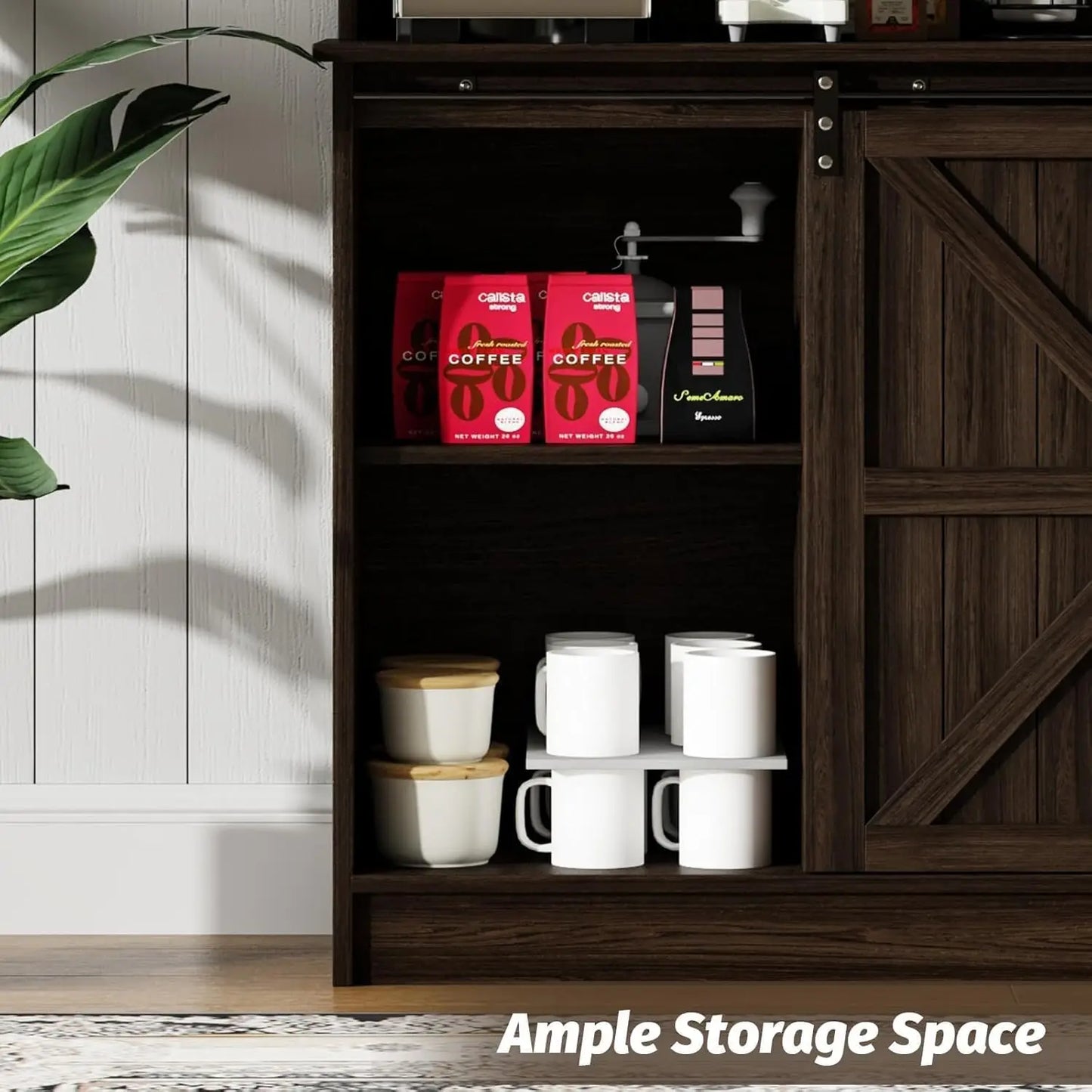 Farmhouse Coffee Bar Cabinet With Eight Hooks Kitchen Hutch Storage