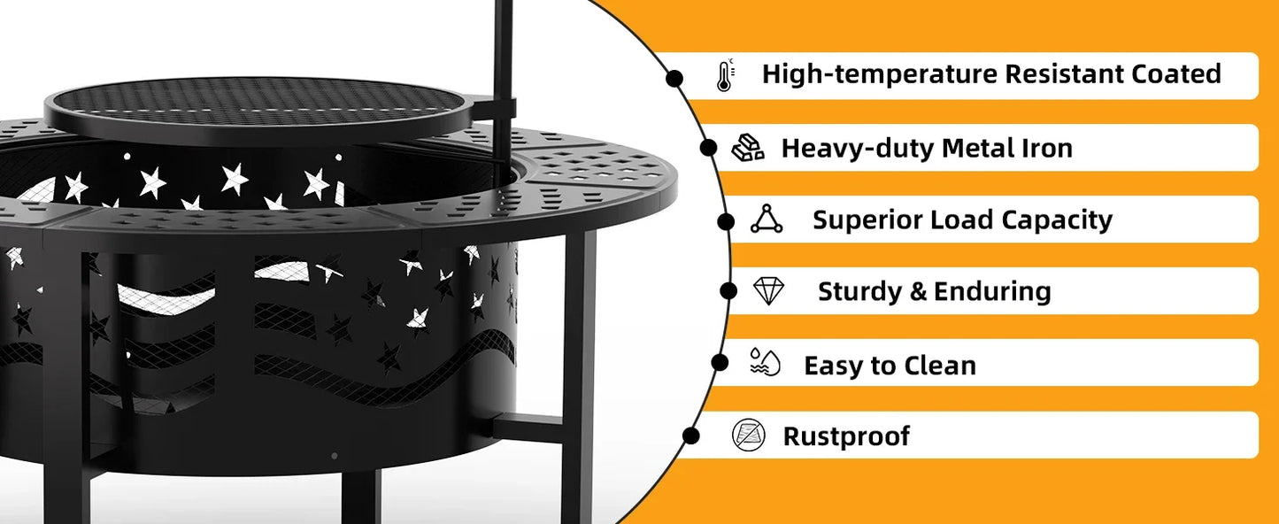 Outdoor Fire Pit With Grills Heavy Duty Metal Round