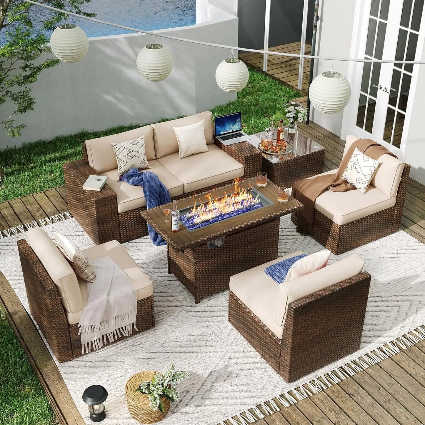 7 Piece Outdoor Wicker Patio Set With Fire Pit Table And Cushions