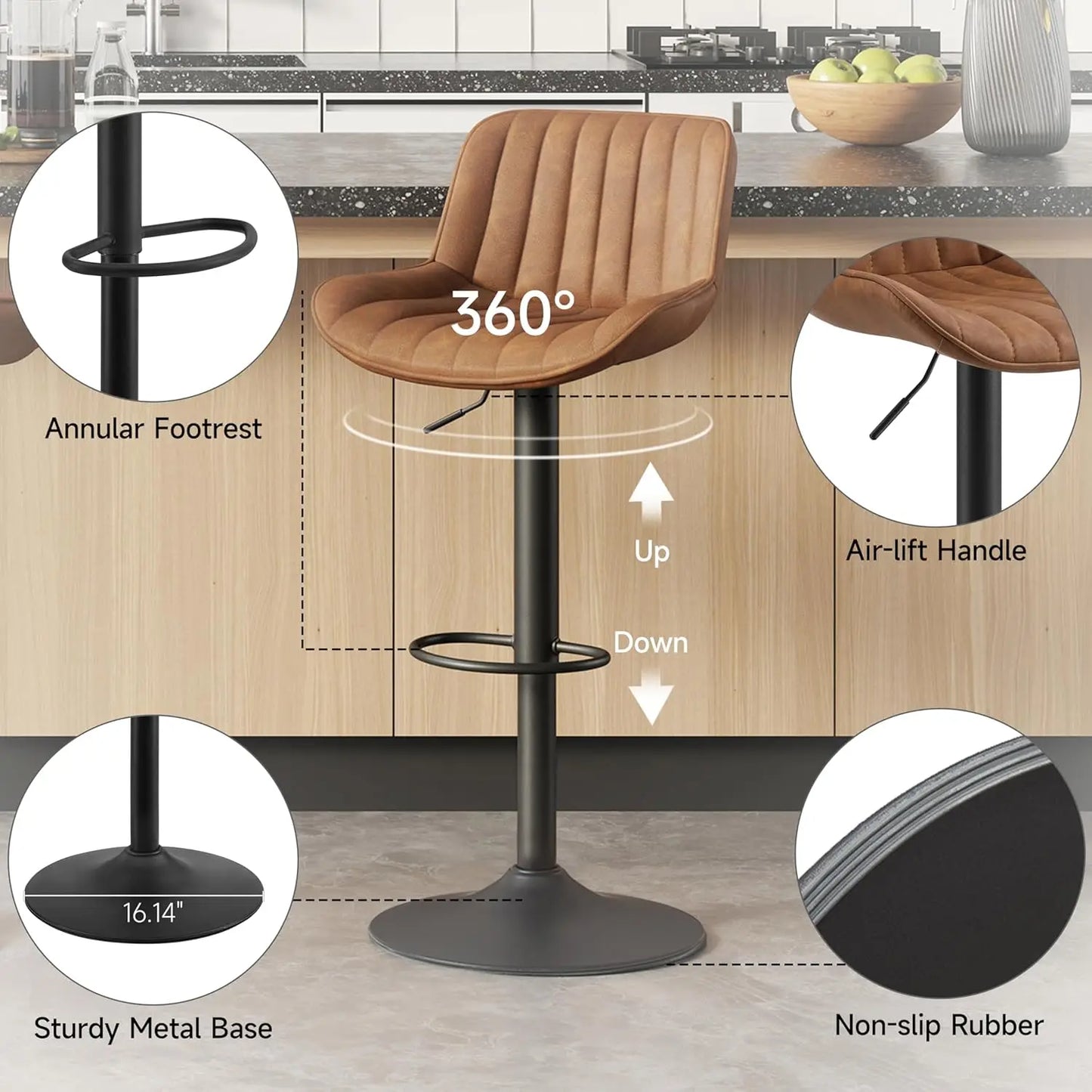 Bar Stools Set of 4, Mid Century Modern Faux Leather Swivel Adjustable Height Bar Stool, Counter Height Pub Bar, Customized