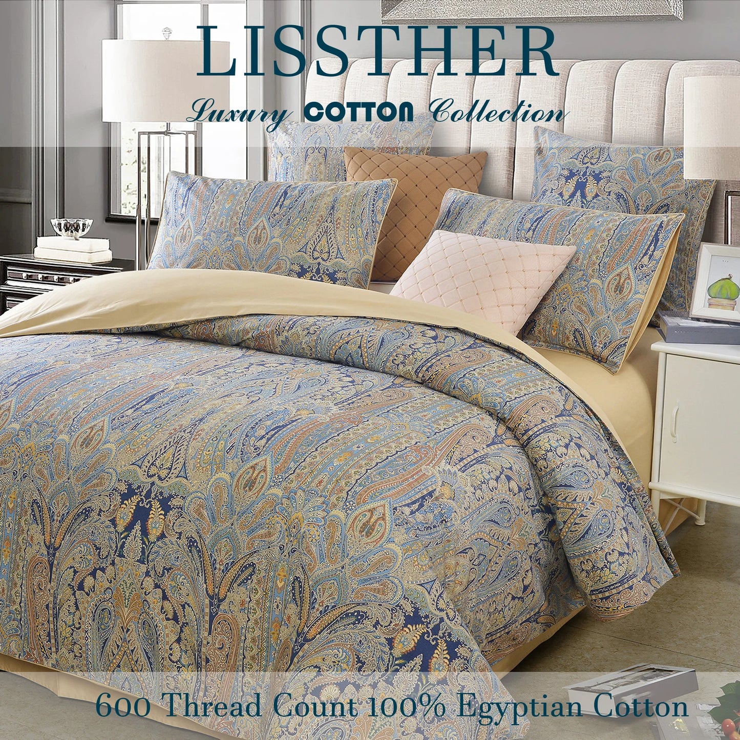 LISSTHERCN 3Piece 600TC Egyptian Cotton Duvet Cover Set Paisley Royal