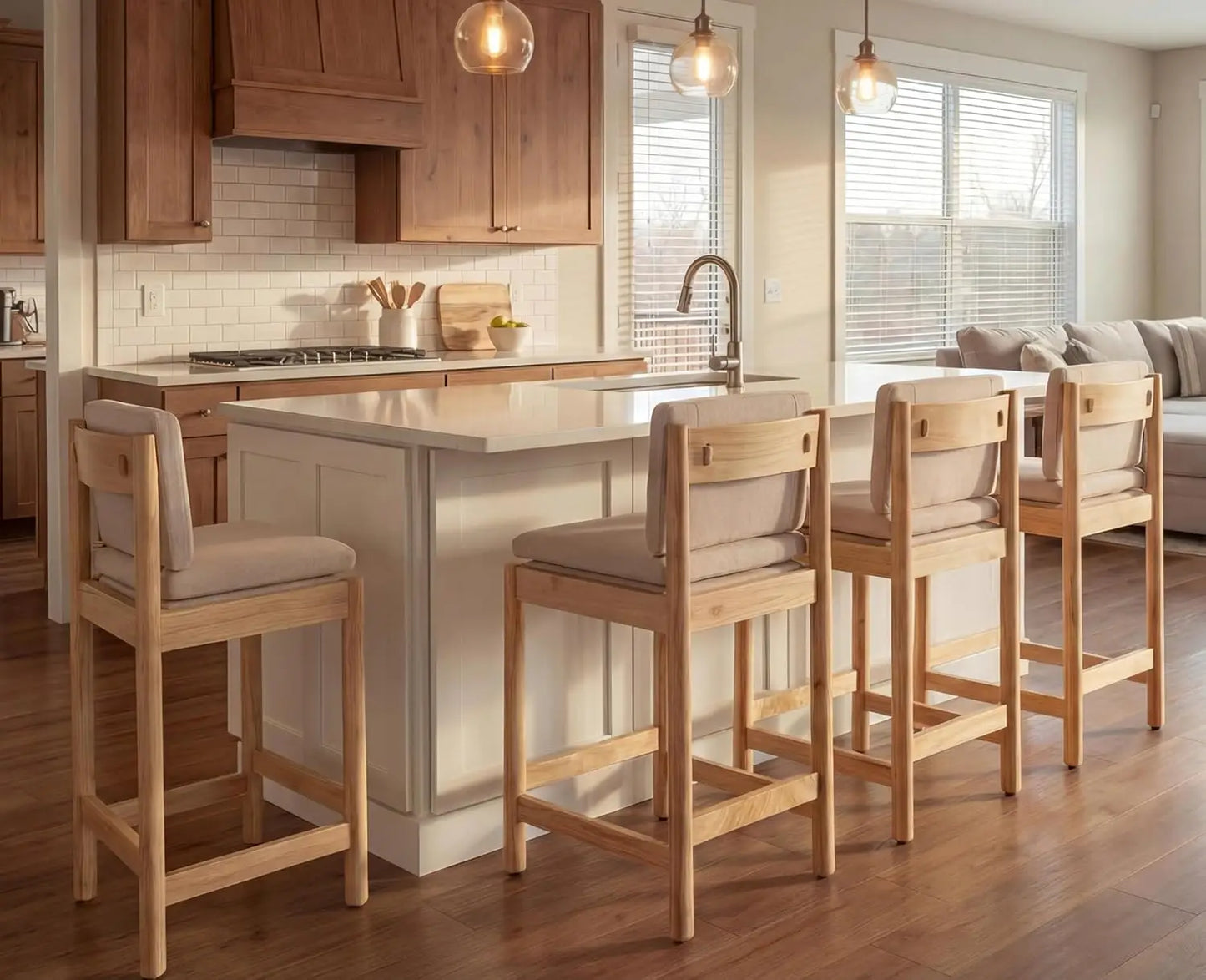 Counter Height Bar Stools Set of 4 Farmhouse Barstoos with Back Mid Century Modern Counter Stools with Natural Wood, Customized