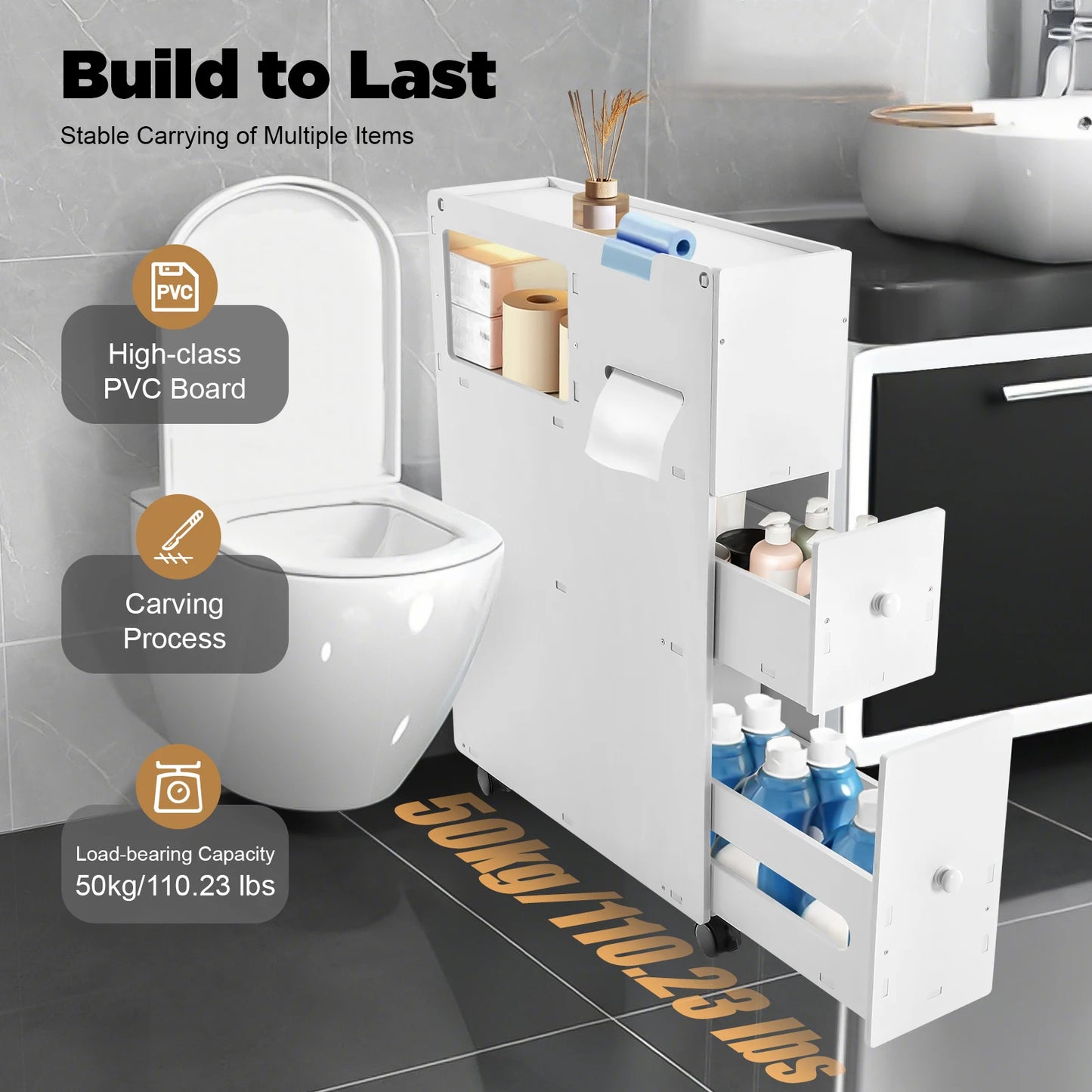Slim Bathroom Storage Cabinet Toilet Side Cabinet  4 Layers Floor Storage Organizer with Slide Out Drawer White