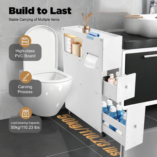 Slim Bathroom Storage Cabinet Toilet Side Cabinet  4 Layers Floor Storage Organizer with Slide Out Drawer White