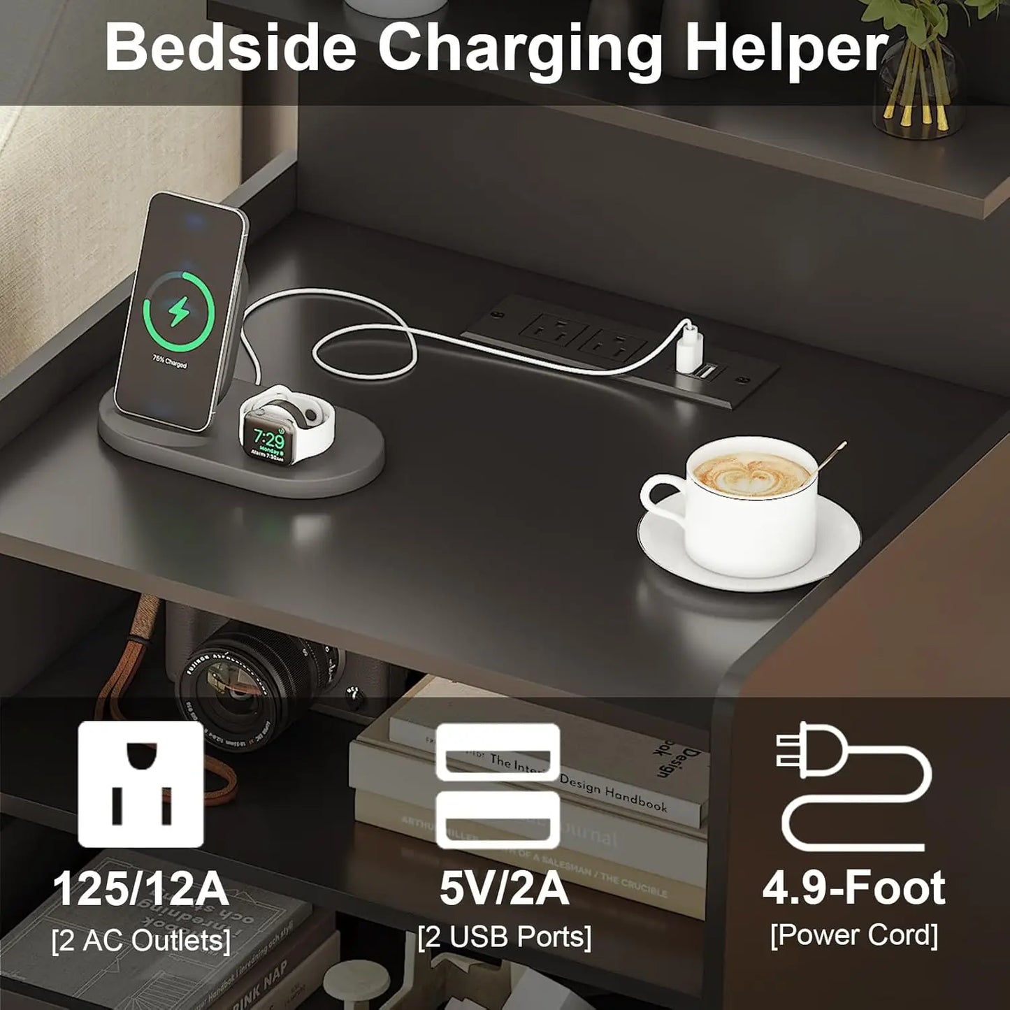 Modern LED Nightstand With Charging Station And USB Ports