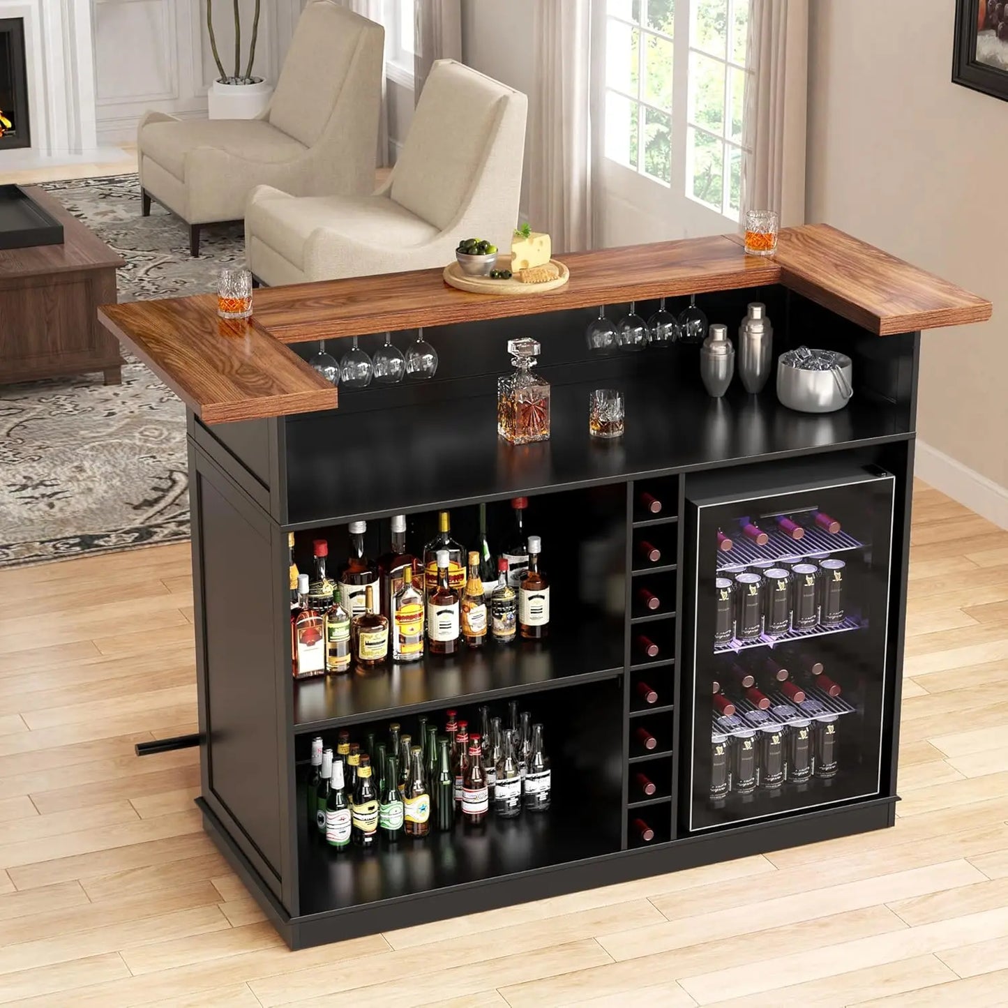 U Shape Home Bar Cabinet With Fridge Space Liquor Storage