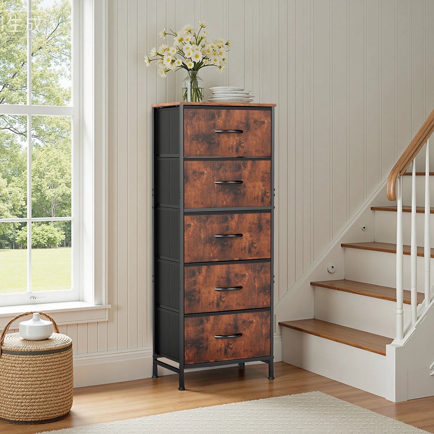 JHK Dresser With 5 Fabric Drawers And Steel Frame Storage