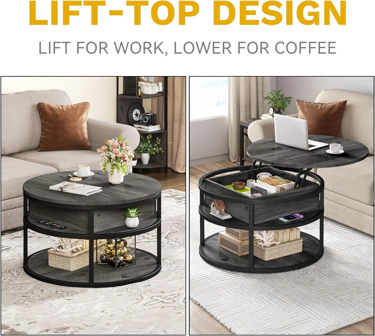 Round Lift Top Coffee Table With Storage Farmhouse Style Wood