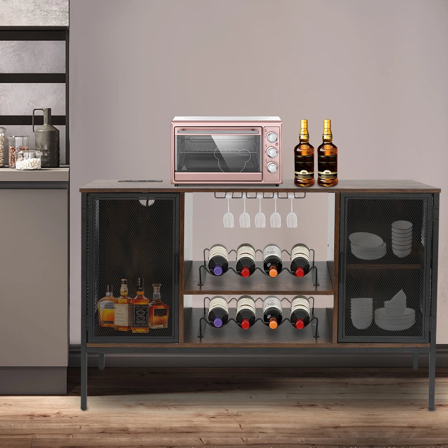 Wine Bar Cabinet With Glass Holder And Coffee Station