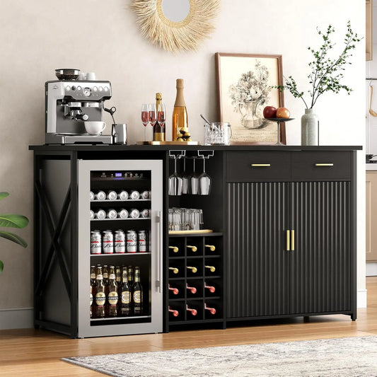 Mini Fridge Cabinet With Storage, Coffee Bar And Drawers