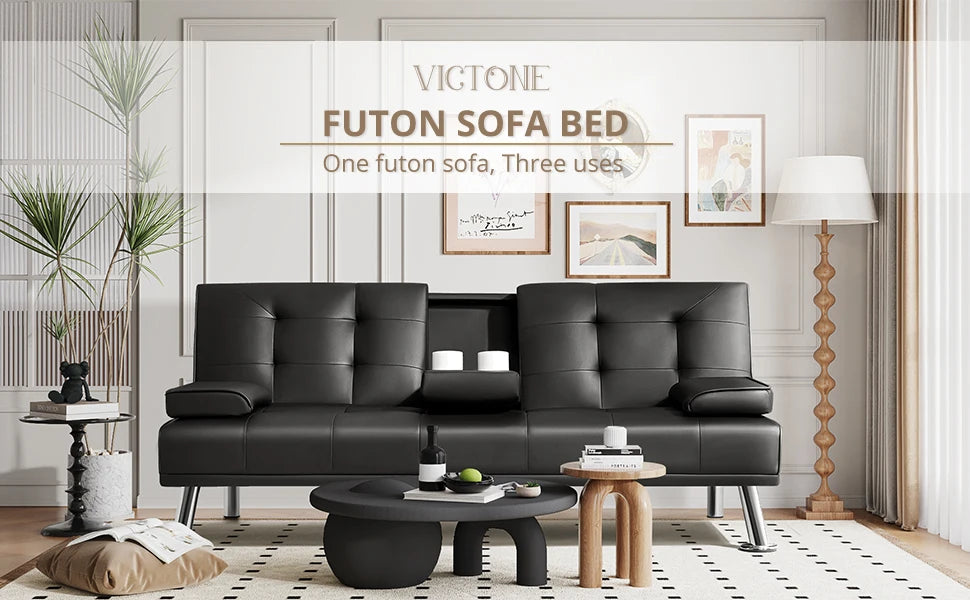 Victone Futon Sofa Bed Modern Faux Leather Couch Bed Convertible
