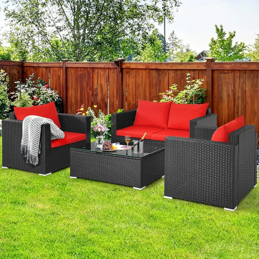 Patio 4-Piece Rattan Furniture Set With Cushioned Seating And Glass Top Table