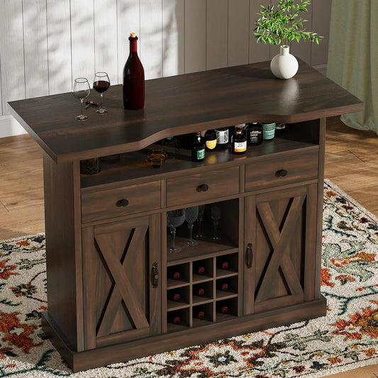 Farmhouse Bar Table With Wine Rack And Drawers Storage Cabinet