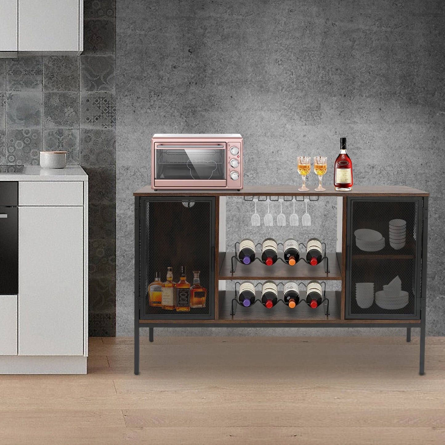 Wine Bar Cabinet With Glass Holder And Coffee Station
