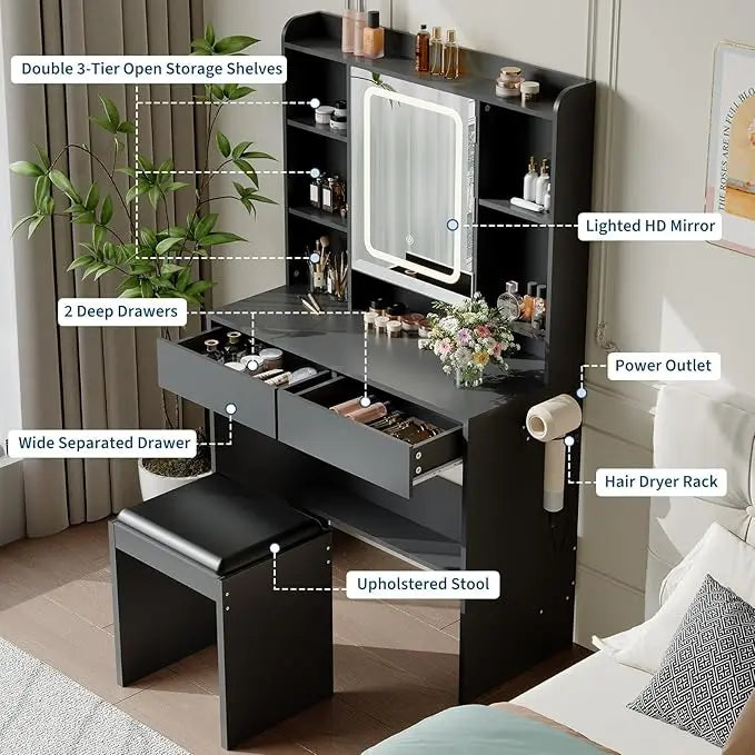 HiMISS Vanity Desk With Mirror And Adjustable Lights