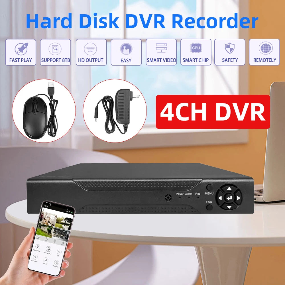 4CH 5MP-N AHD DVR Security Video Recorder H.265+ CCTV Digital Recorder Support Up to 8TB Hard Drive P2P Remote View Motion Detection Alarm with USB Mouse Power Adapter