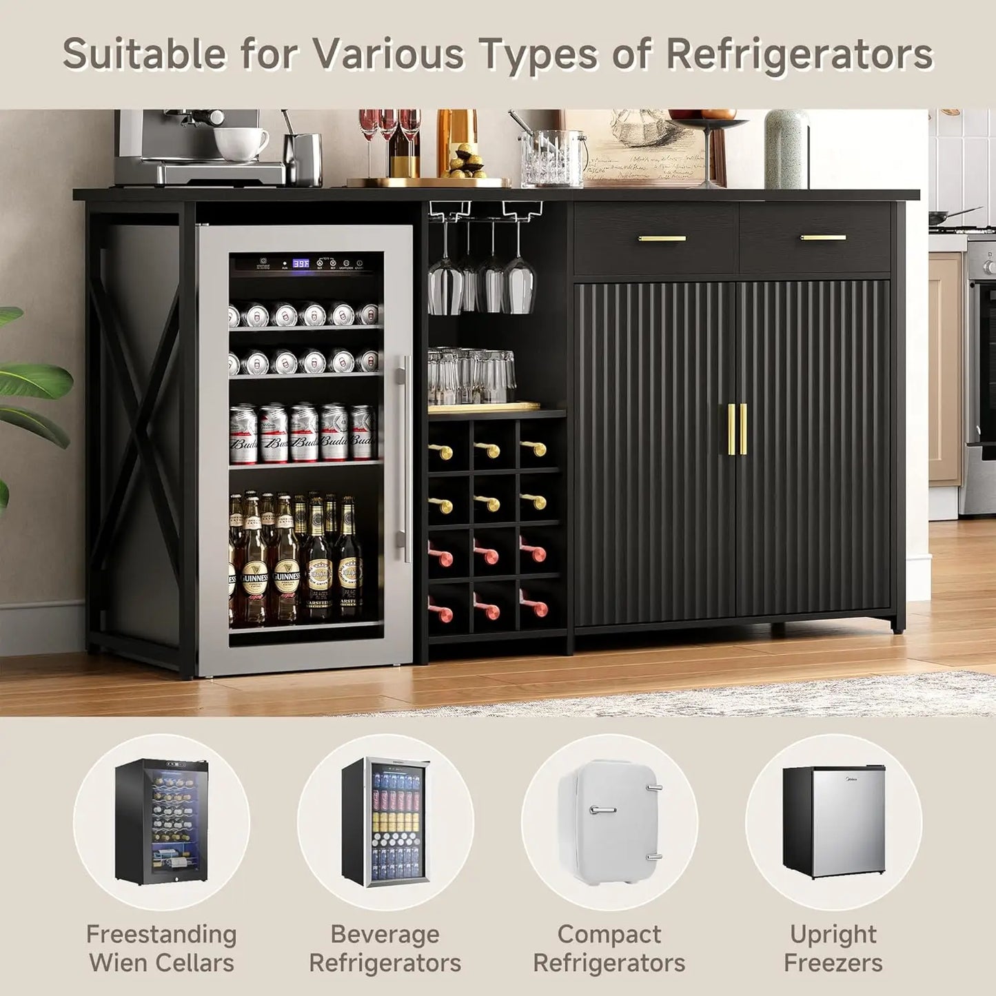 Mini Fridge Cabinet With Storage, Coffee Bar And Drawers