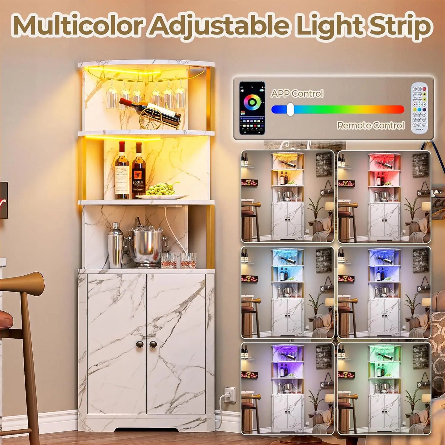 Corner Bar Cabinet With LED Lights And Power Outlets And Wine Rack