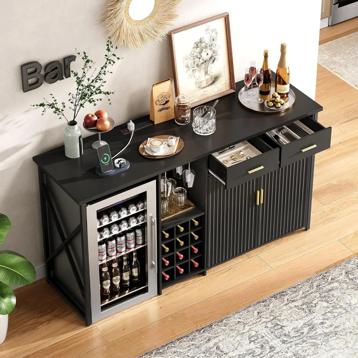 Mini Fridge Cabinet With Storage, Coffee Bar And Drawers