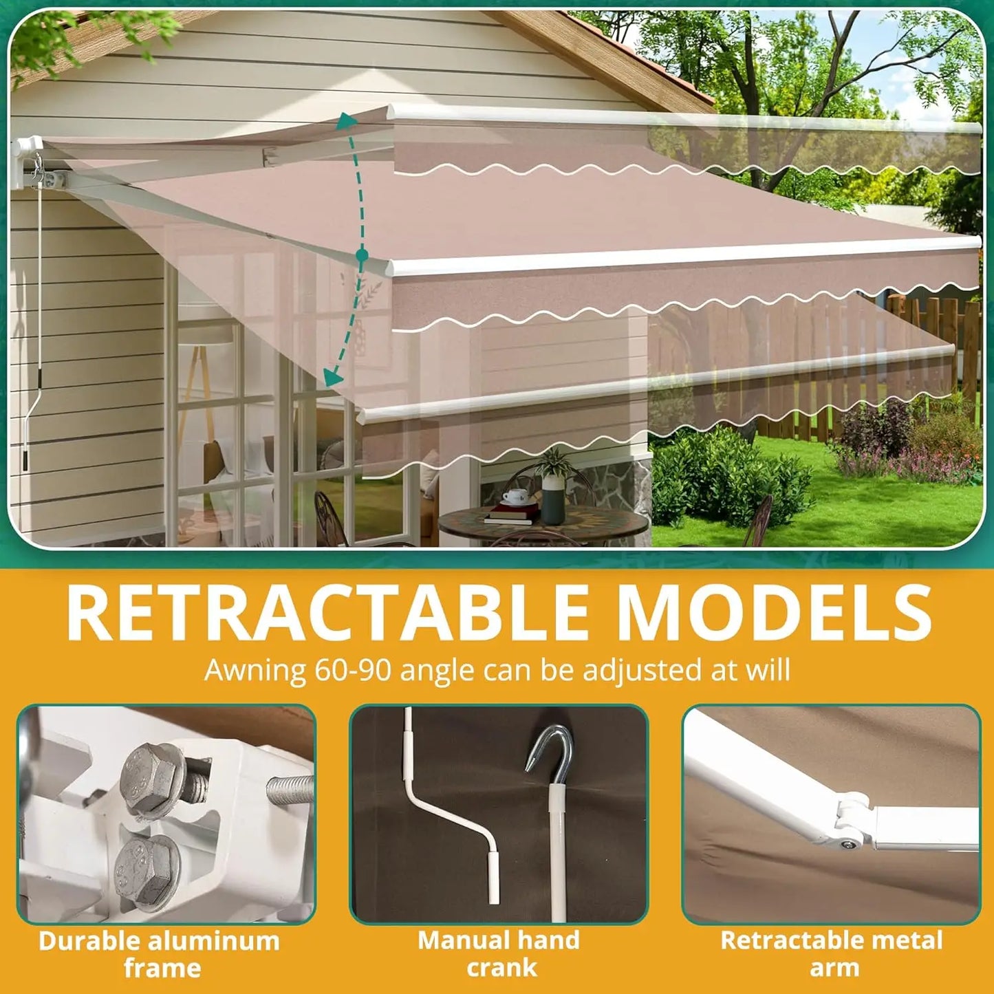 XMSJ Retractable Awning Sun Shade for Outdoor Patios