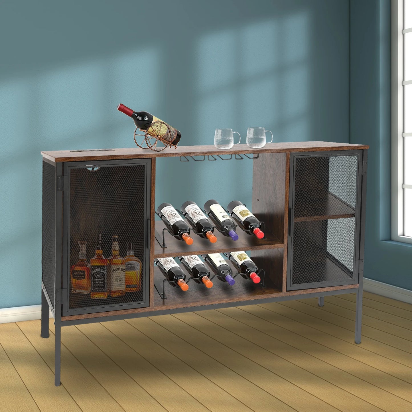 Wine Bar Cabinet With Glass Holder And Coffee Station