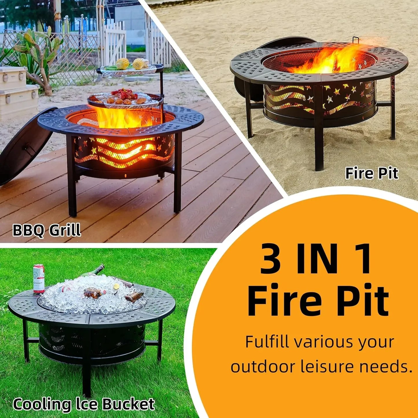 Outdoor Fire Pit With Grills Heavy Duty Metal Round