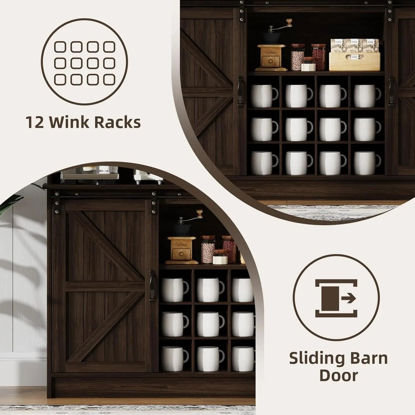 Farmhouse Coffee Bar Cabinet With Eight Hooks Kitchen Hutch Storage