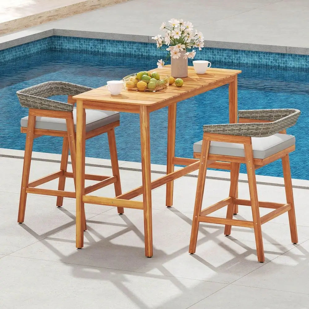 Bar Table 54 X 22 Acacia Wood Counter Height Table With Slatted Tabletop Footrest Crossbar