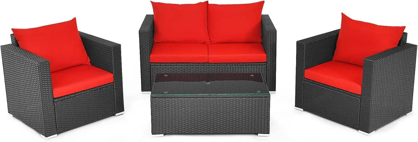 Patio 4-Piece Rattan Furniture Set With Cushioned Seating And Glass Top Table
