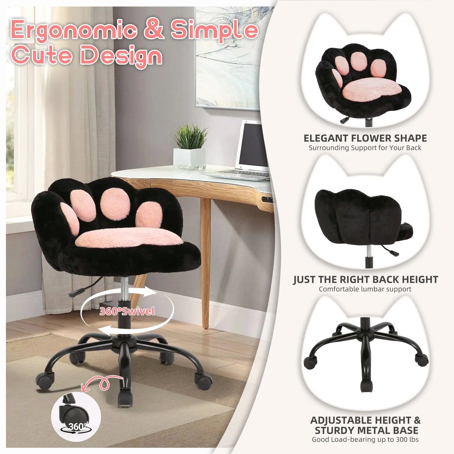 HiMISS Vanity Cat Paw Office Chair With Wheels 360 Rotation