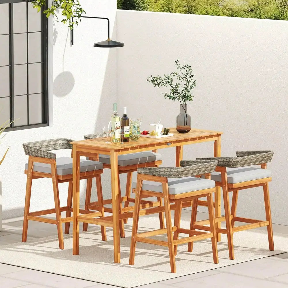 Bar Table 54 X 22 Acacia Wood Counter Height Table With Slatted Tabletop Footrest Crossbar