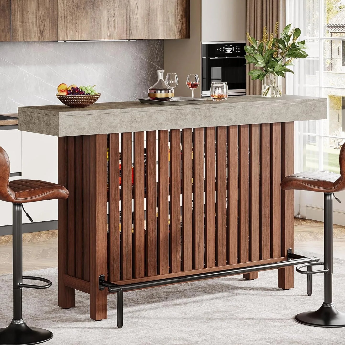 LITTLE TREE 63-Inch Large Home Bar Unit,2-Tier Kitchen Island Mini Bar Height Pub Table with Footrest, Modern Coffee Bar Cabinet