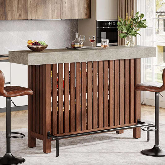 LITTLE TREE 63-Inch Large Home Bar Unit,2-Tier Kitchen Island Mini Bar Height Pub Table with Footrest, Modern Coffee Bar Cabinet