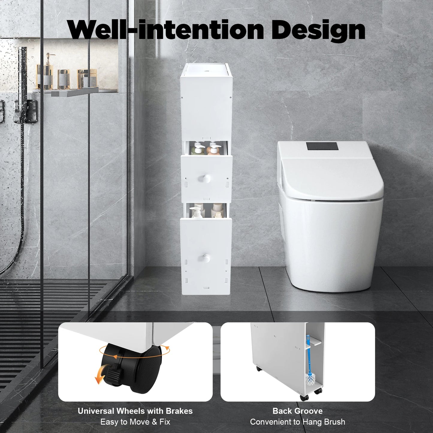 Slim Bathroom Storage Cabinet Toilet Side Cabinet  4 Layers Floor Storage Organizer with Slide Out Drawer White