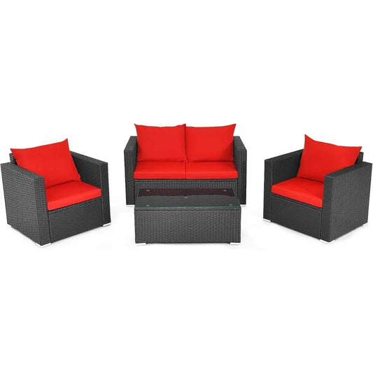 Patio 4-Piece Rattan Furniture Set With Cushioned Seating And Glass Top Table