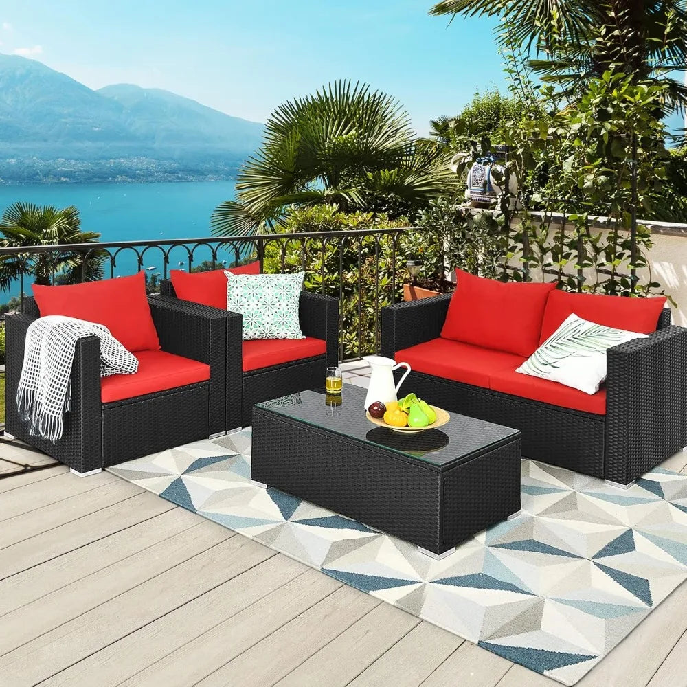 Patio 4-Piece Rattan Furniture Set With Cushioned Seating And Glass Top Table