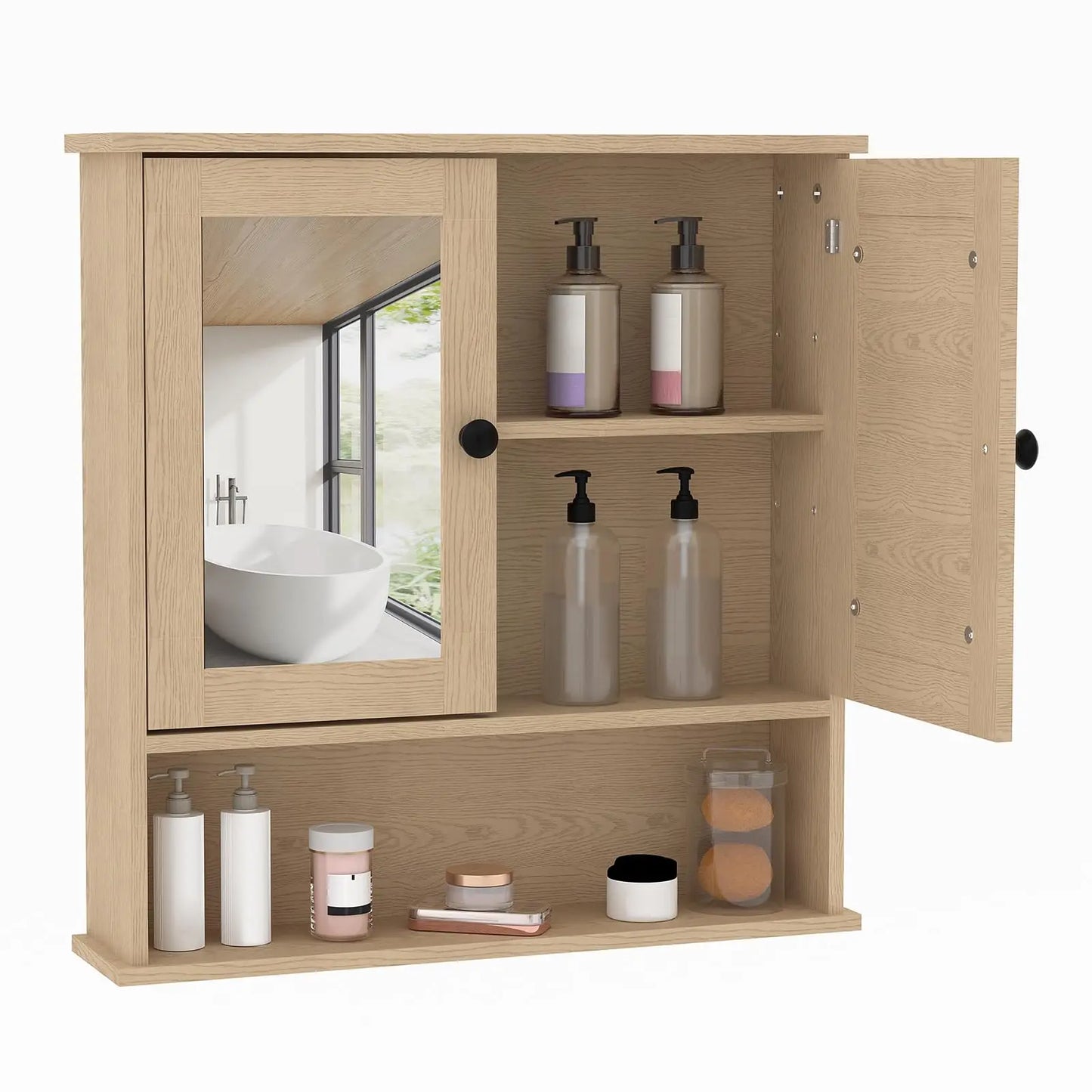 Wall Mounted Bathroom Cabinet,Wooden Bathroom Medicine Cabinet with Mirror Doors & Adjustable Shelves,Floating Storage Cabinet