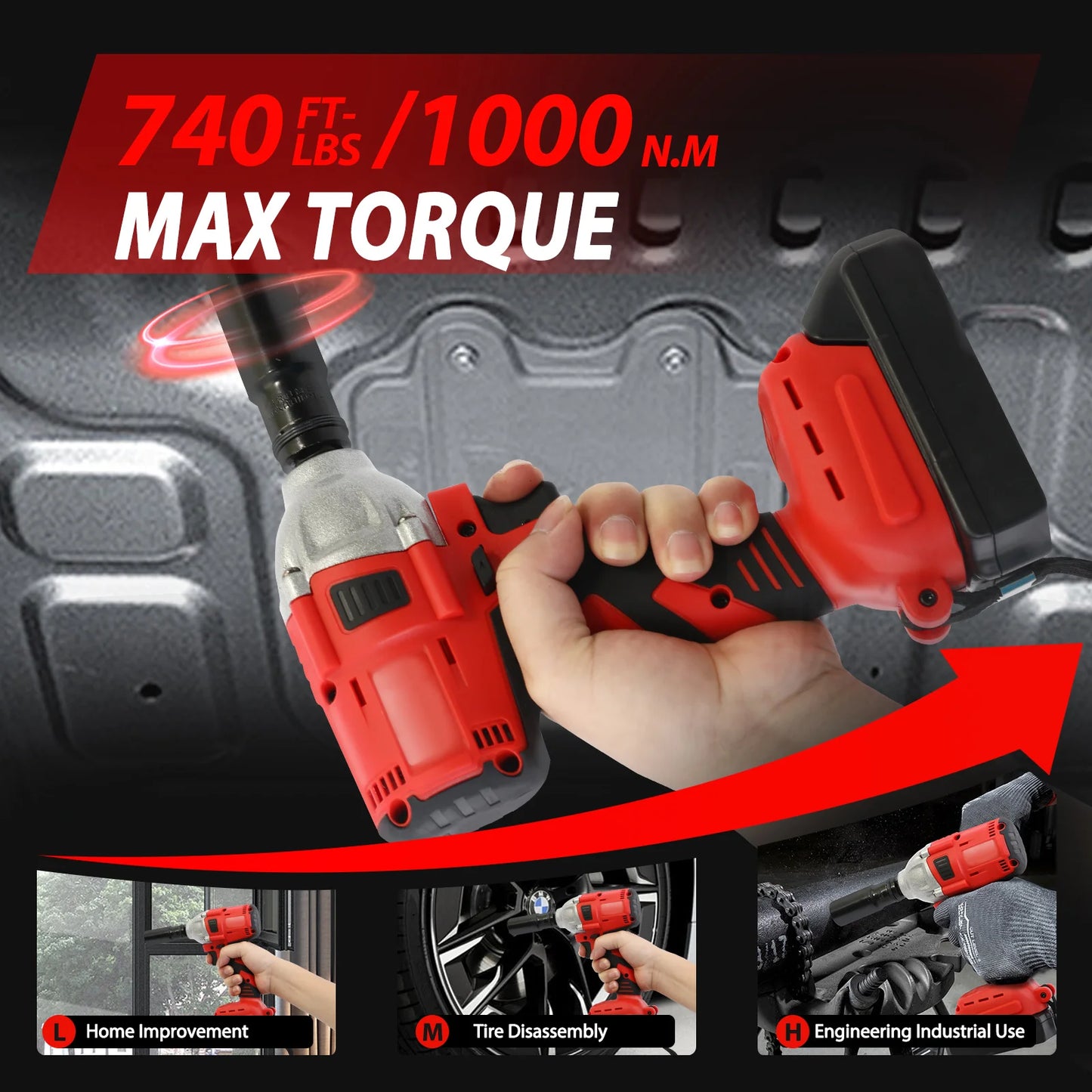 Cordless Brushless Impact Drill Wrench 1000Nm Torque 20V Pro