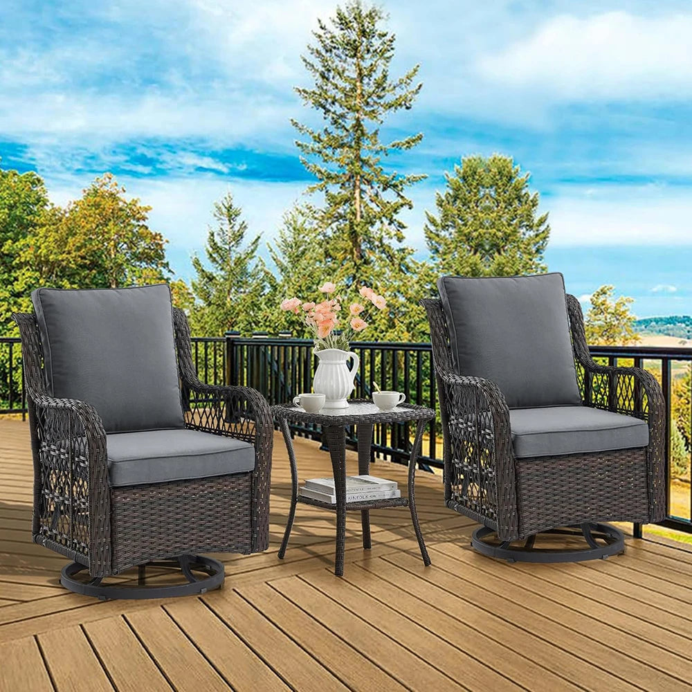 HiMISS 3-Piece Outdoor Wicker Swivel Patio Set With Glass Table