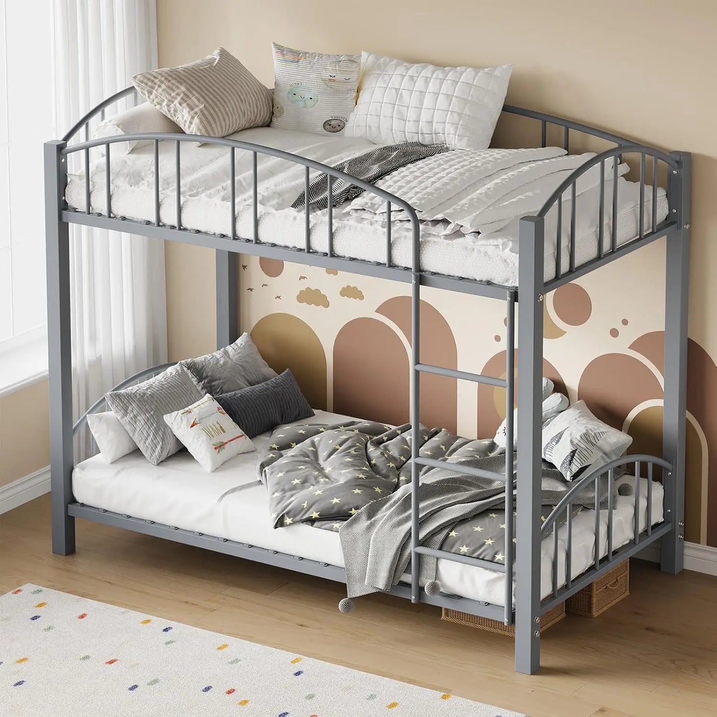 Acekool Metal Loft Bed With Heightened Safety Guardrail And Ladder