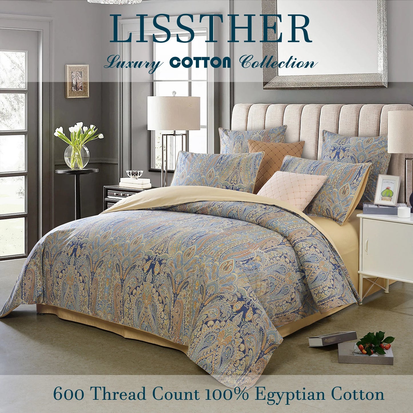 LISSTHERCN 3Piece 600TC Egyptian Cotton Duvet Cover Set Paisley Royal
