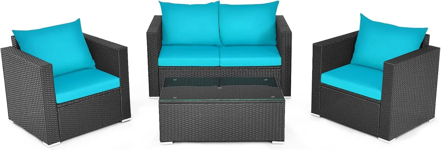 Patio 4-Piece Rattan Furniture Set With Cushioned Seating And Glass Top Table