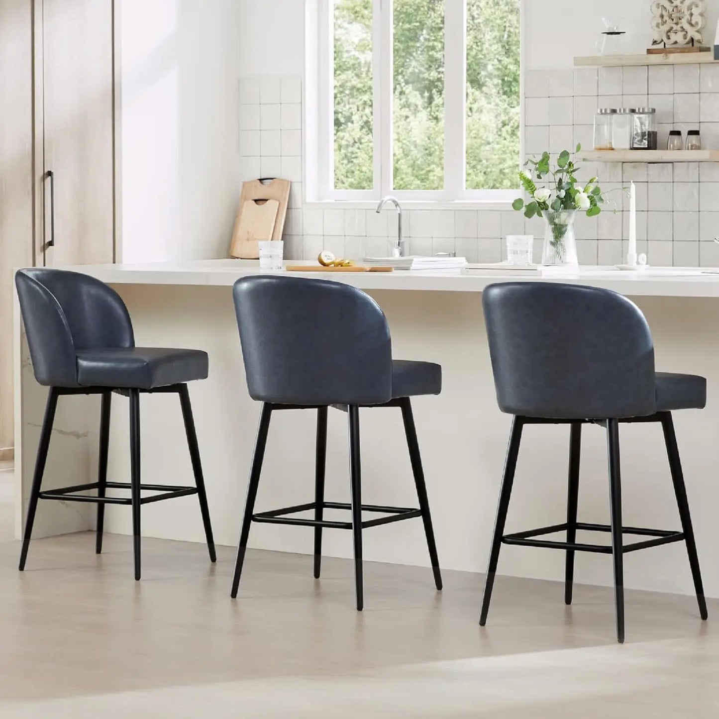 Counter Height Bar Stools Set of 3, 360° Swivel Upholstered Barstools with Backs and Metal Legs, 26" H Seat Height,, Customized