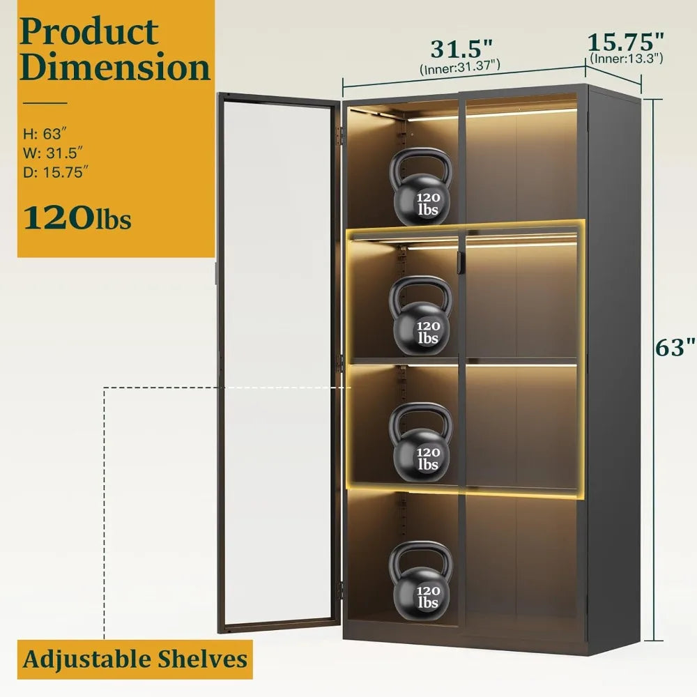 Display Cabinet with Glass Doors and LED Lights, Glass Display Cabinet with 3 Adjustable Shelves, 4 Tier of Storage Space Curio