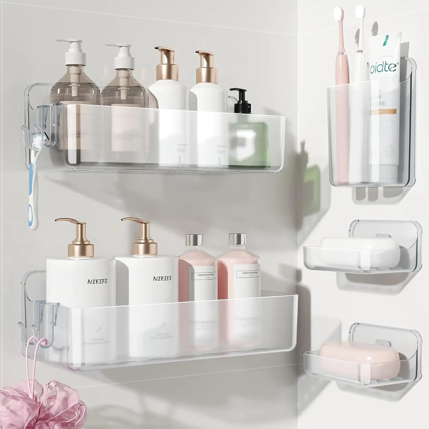 Adhesive Wall Shelf, Shower Shelves 5 Pack with Soap Holder, Shower Organizer for Bathroom Organization, Clear